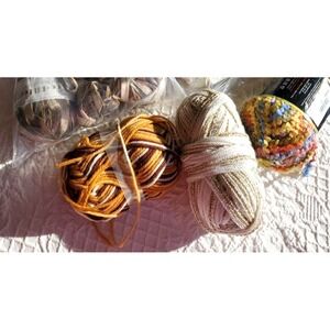 Lion Boucle Taffy Multicolor Yarn Lot 3  & bag of ribbons Vintage